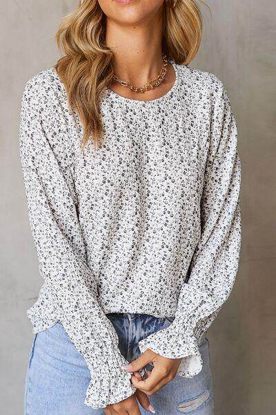 Printed Round Neck Flounce Sleeve Blouse for Women - Selvanelle