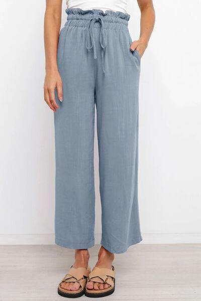 Drawstring Paperbag Waist Wide Leg Pants for Women - Selvanelle