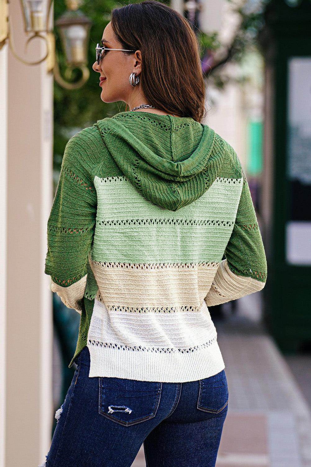 Zip-Up Raglan Sleeve Openwork Hooded Cardigan for Women - Selvanelle