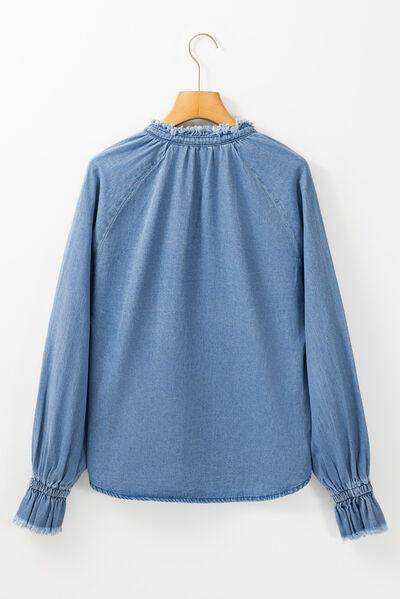 Half Button Long Sleeve Denim Top for Casual Style - Selvanelle