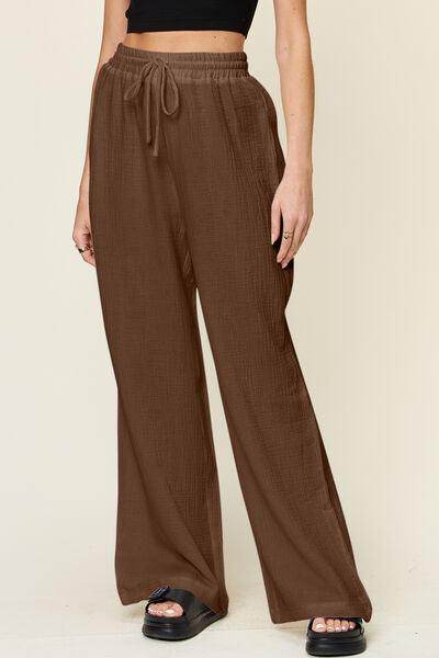 Double Take Full Size Texture Drawstring Wide Leg Pants - Selvanelle