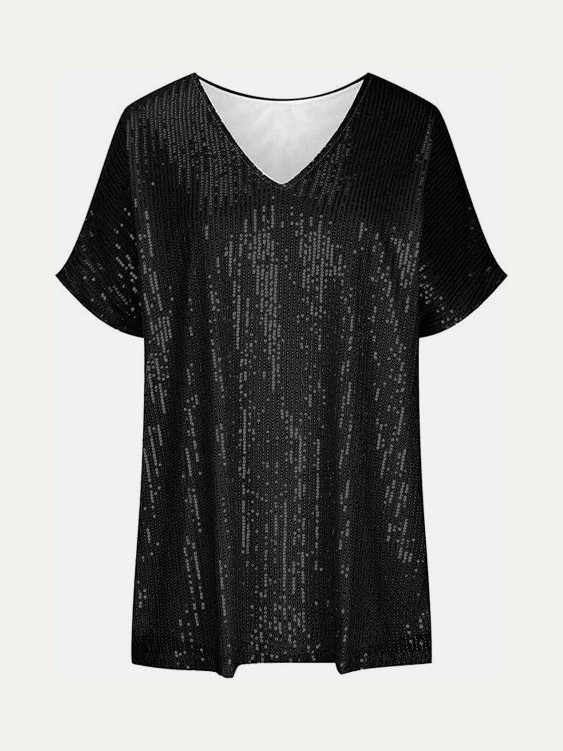 Full Size Sequin V-Neck Short Sleeve Top for Women - Selvanelle