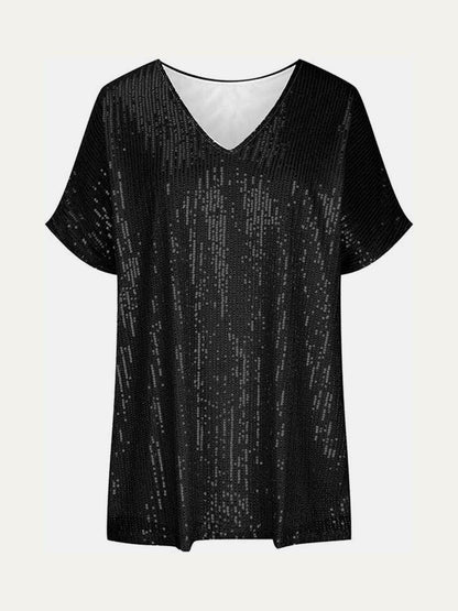 Full Size Sequin V-Neck Short Sleeve Top for Women - Selvanelle