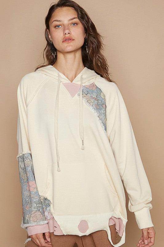 POL Floral Patchwork Distressed Drawstring Hoodie For Women - Selvanelle