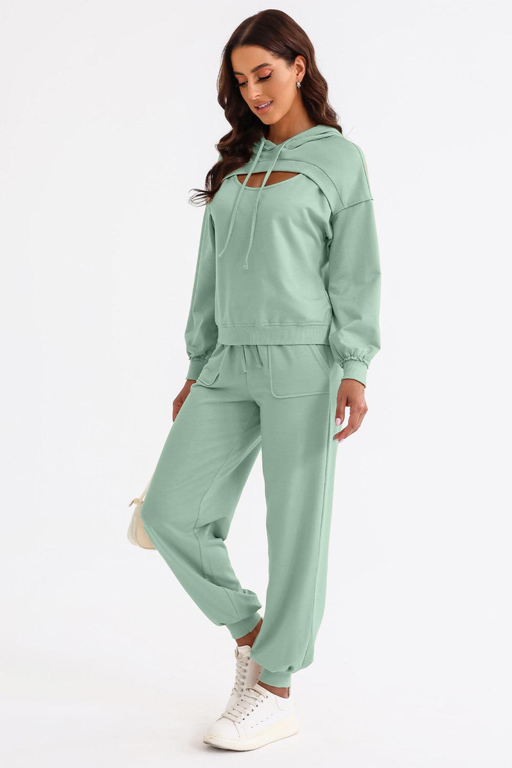 Cutout Drawstring Hoodie and Joggers Active Set for Women