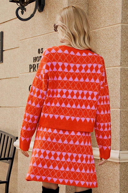 Geometric Dropped Shoulder Cardigan and Knit Skirt Set - Selvanelle