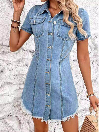 Raw Hem Button Up Short Sleeve Denim Dress for Women - Selvanelle