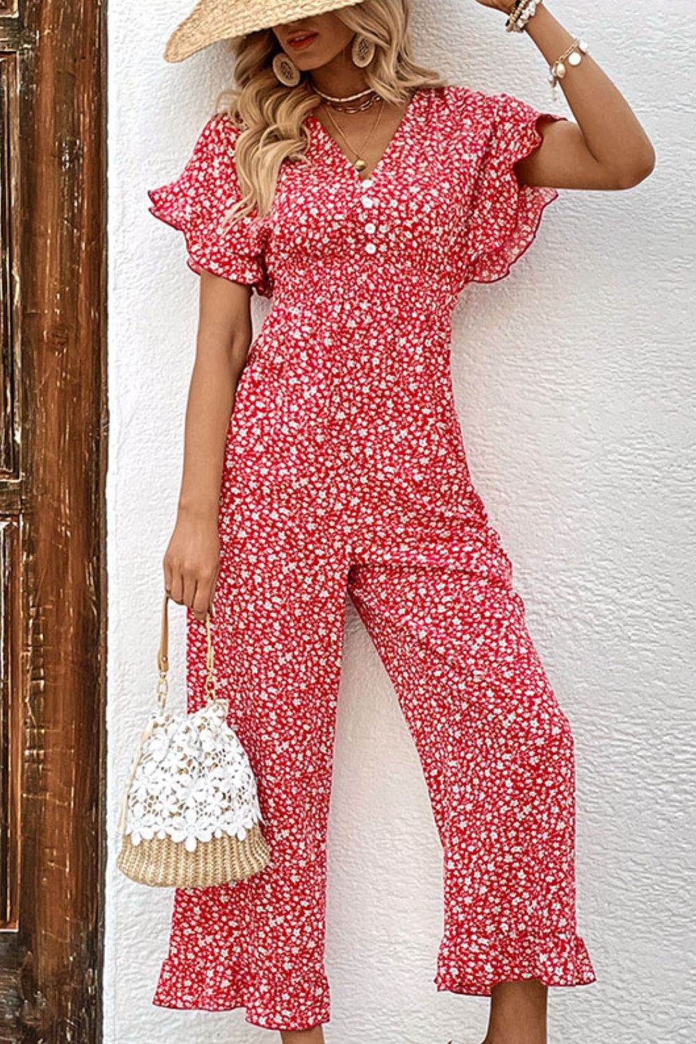 Perfee Printed Tie Back Ruffled Jumpsuit - Selvanelle