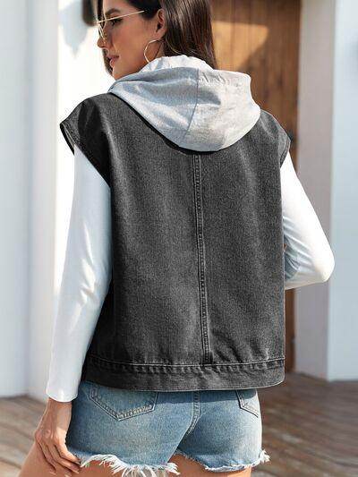 Drawstring Button Up Sleeveless Denim Jacket for Women - Selvanelle