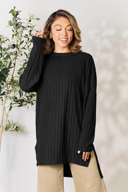 Basic Bae Full Size Ribbed Round Neck Long Sleeve Slit Top - Selvanelle