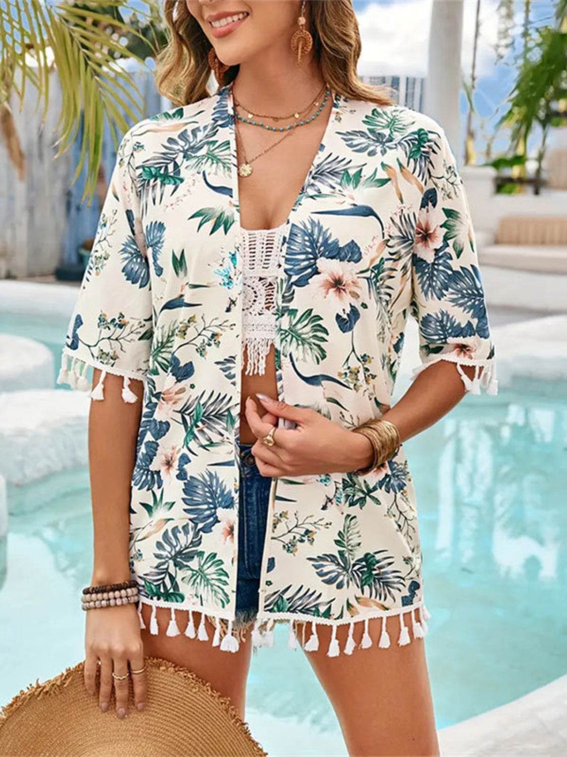 Tassel Printed Open Front Half Sleeve Cover-Up - Selvanelle