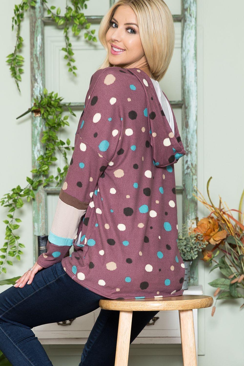 Celeste Full Size Polka Dot Drawstring Hoodie for Women