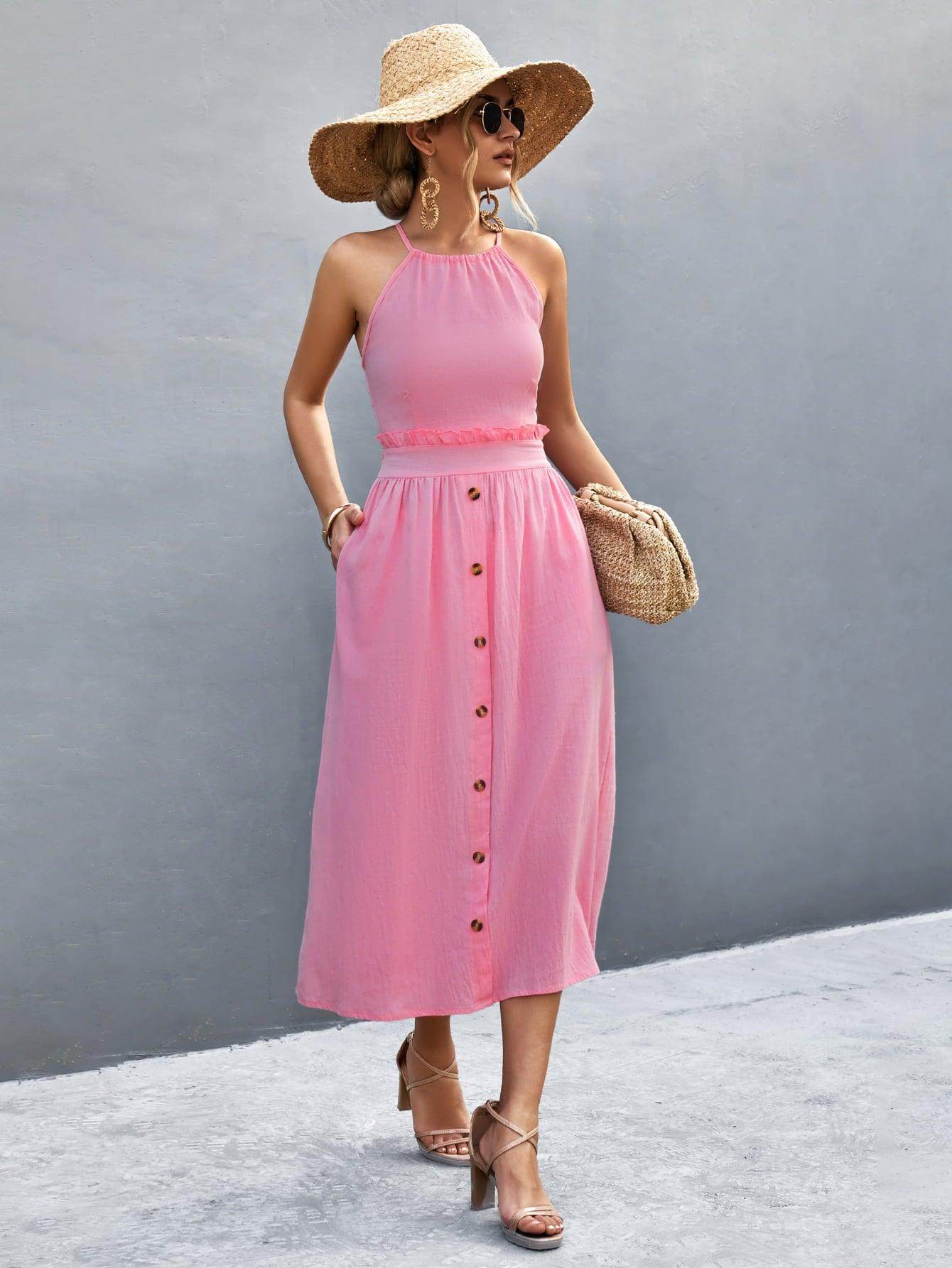 Buttoned Halter Neck Frill Trim Midi Dress for Chic Style - Selvanelle
