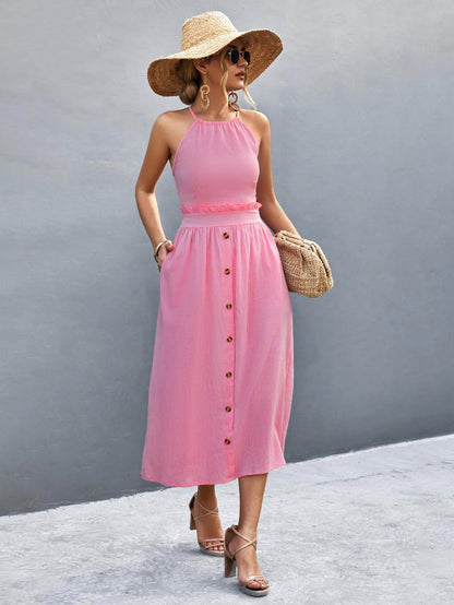 Buttoned Halter Neck Frill Trim Midi Dress for Chic Style - Selvanelle
