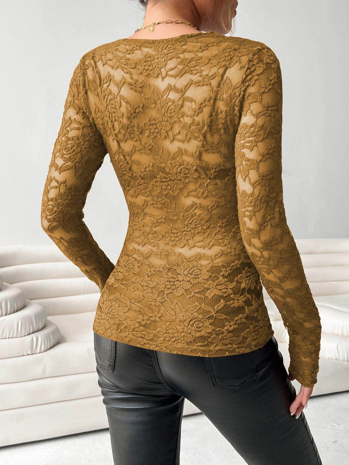 V-Neck Long Sleeve Lace Top for Women in Various Sizes - Selvanelle