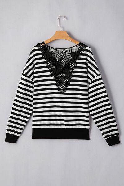 Striped Lace Detail V Neck Top for Stylish Comfort - Selvanelle