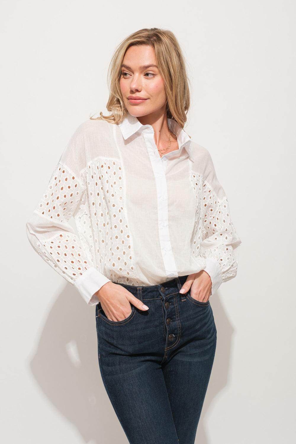 And The Why Eyelet Long Sleeve Button Down Shirt Chic - Selvanelle
