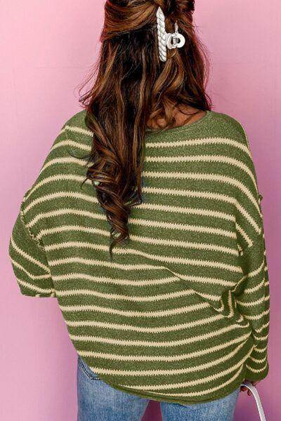 Striped Round Neck Dropped Shoulder Sweater for Women - Selvanelle