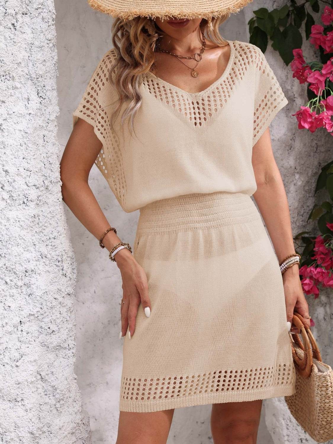 Openwork V-Neck Short Sleeve Cover-Up Dress - Selvanelle