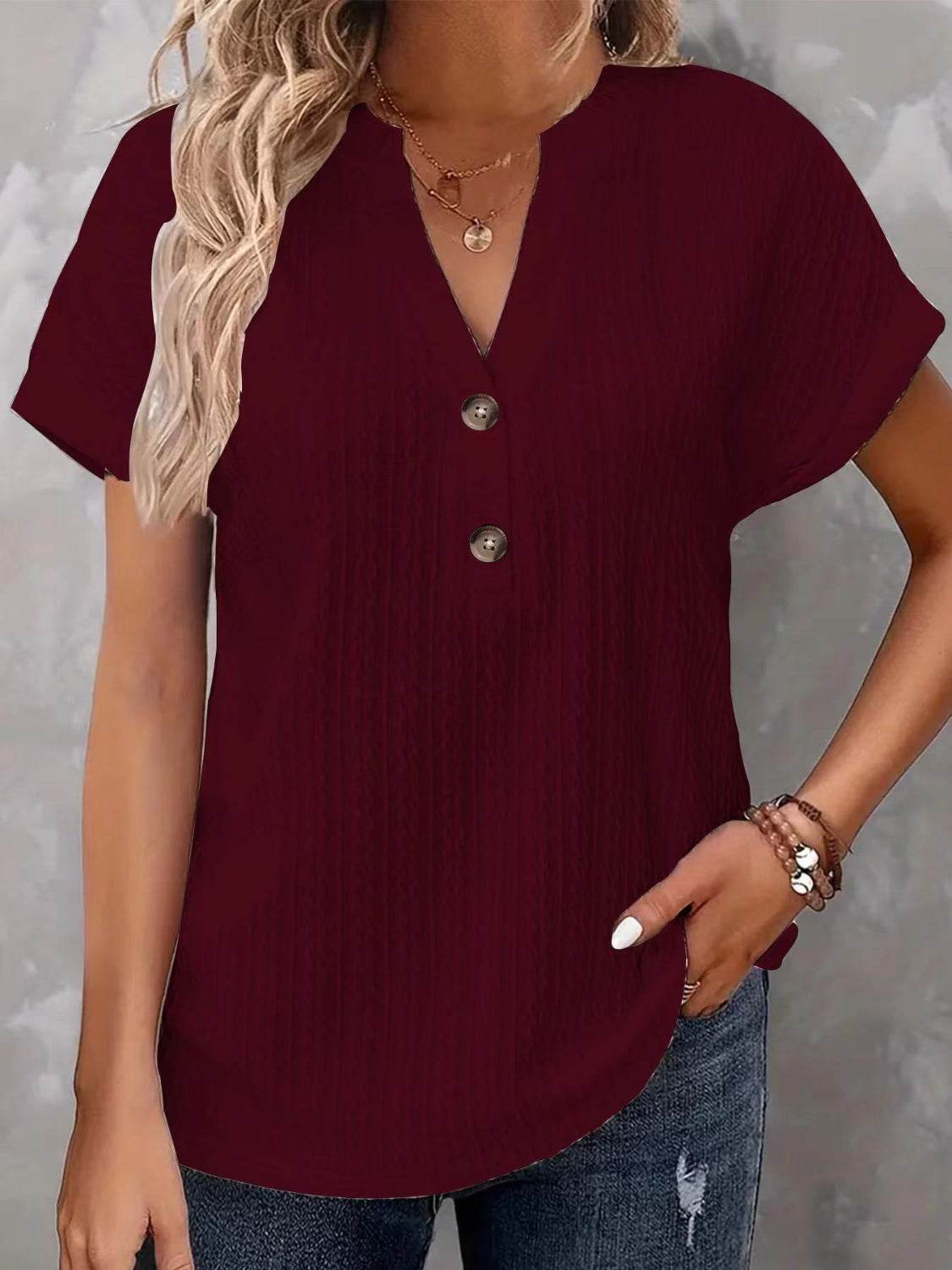 Textured Notched Short Sleeve Top - Selvanelle