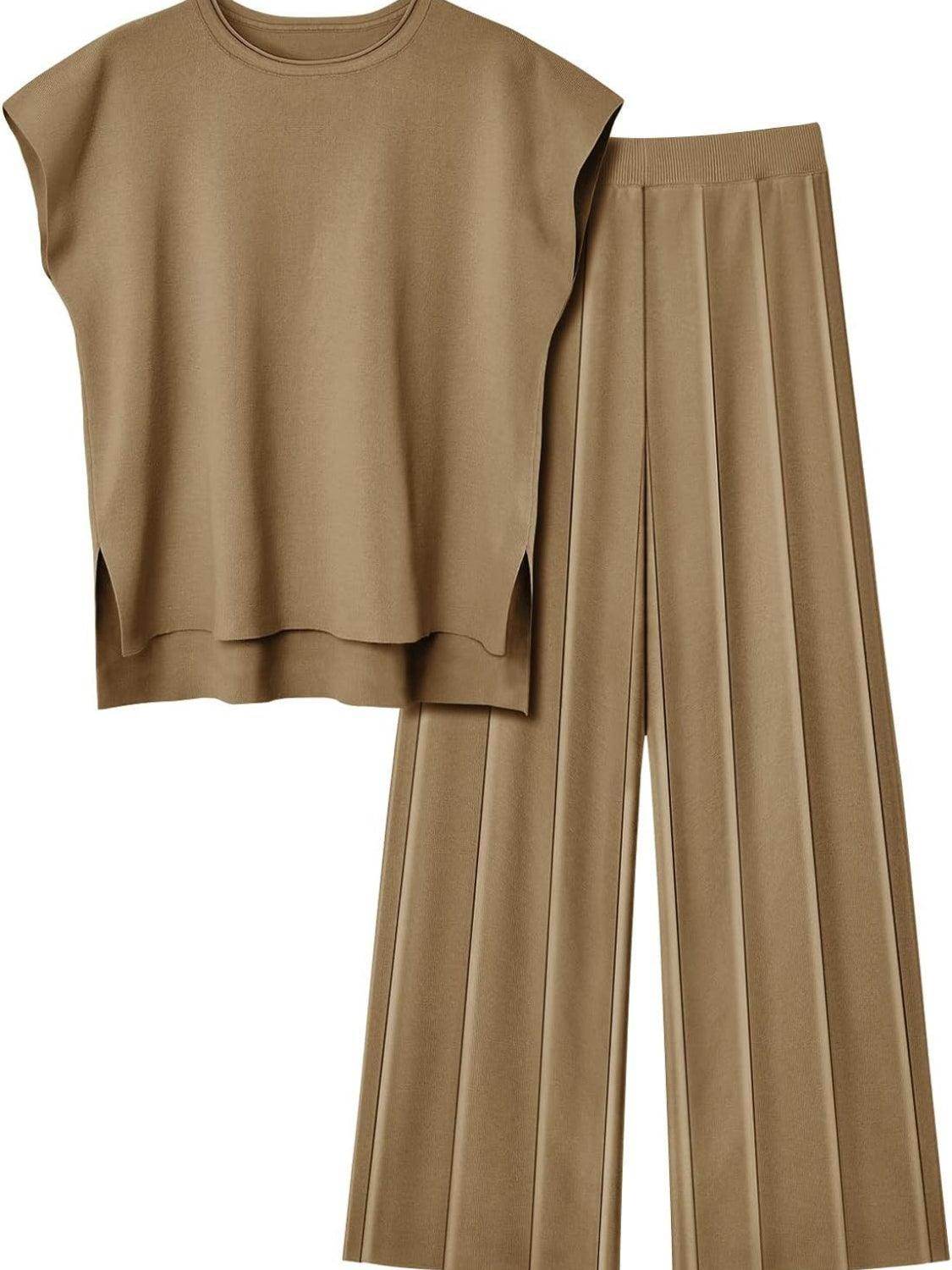 Round Neck Cap Sleeve Top and Pants Knit Set for Women - Selvanelle