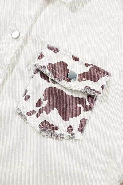 Raw Hem Animal Print Long Sleeve Denim Jacket for Women - Selvanelle