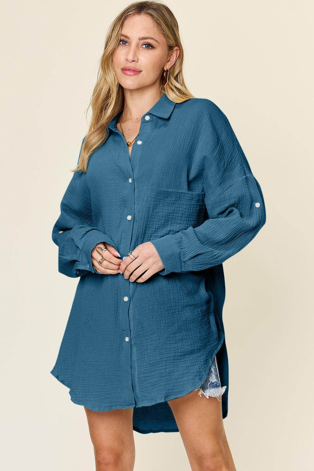 Double Take Full Size Pocketed Texture Button Up Shirt - Selvanelle