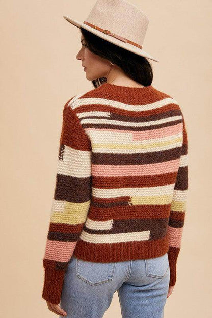 Annie Wear Color Block Round Neck Long Sleeve Sweater - Selvanelle