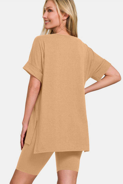 Zenana V-Neck Short Sleeve T-Shirt and Biker Shorts Set - Selvanelle