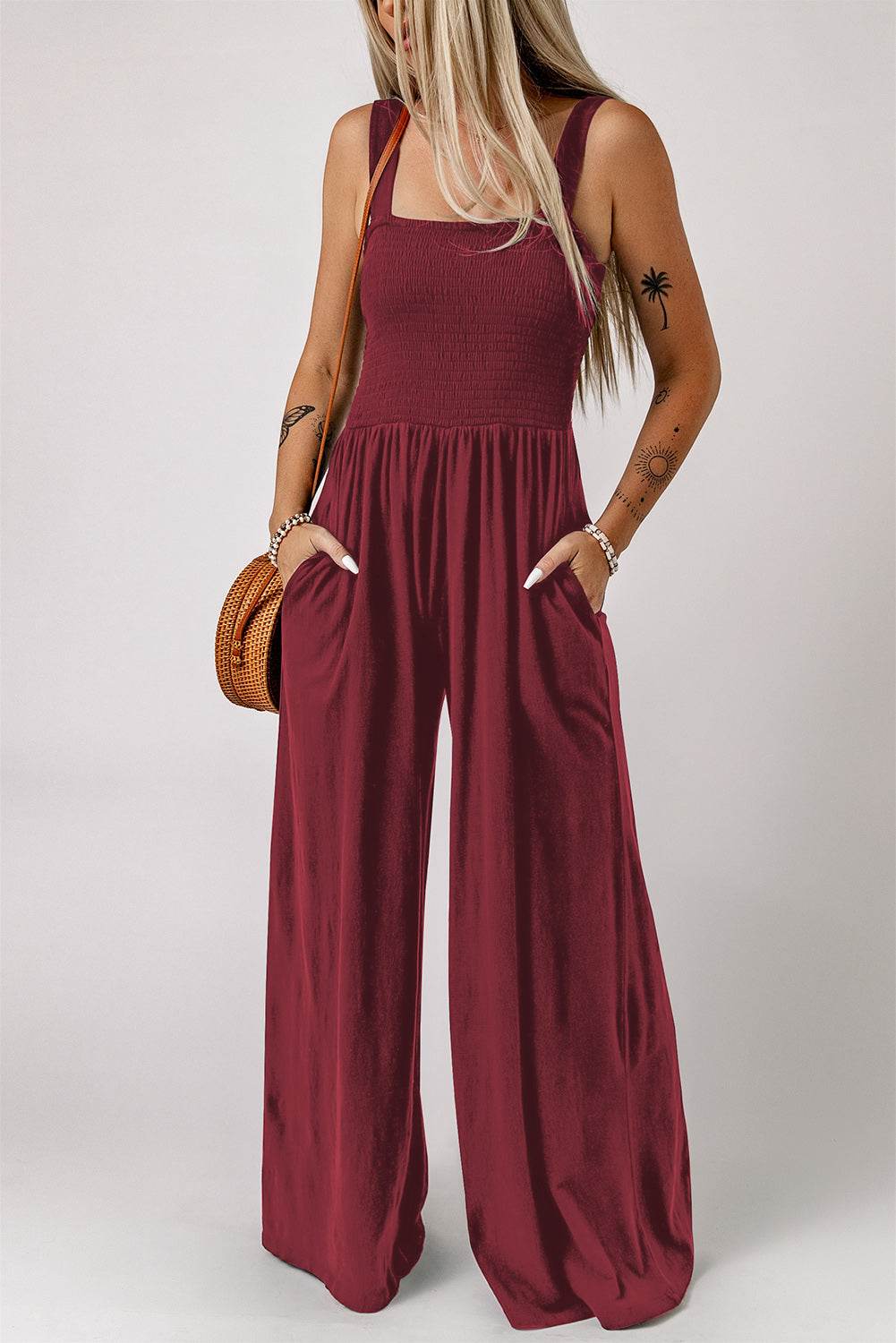 Smocked Square Neck Wide Leg Jumpsuit with Pockets - Selvanelle