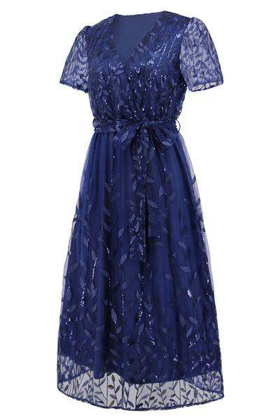 Sequin Leaf Embroidery Tie Front Short Sleeve Dress for Women - Selvanelle