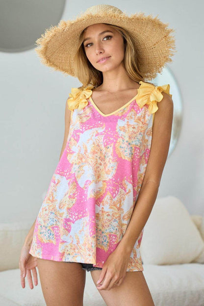 BiBi Printed V Neck Ruffled Tank for Summer Style - Selvanelle