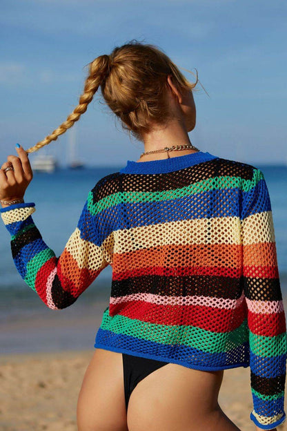 Angel Wings Rainbow Stripe Openwork Long Sleeve Cover-Up - Selvanelle