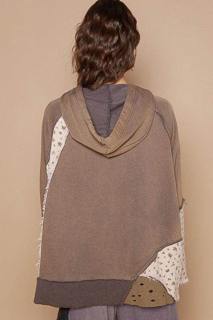 POL Floral Patchwork Distressed Drawstring Hoodie for Women - Selvanelle