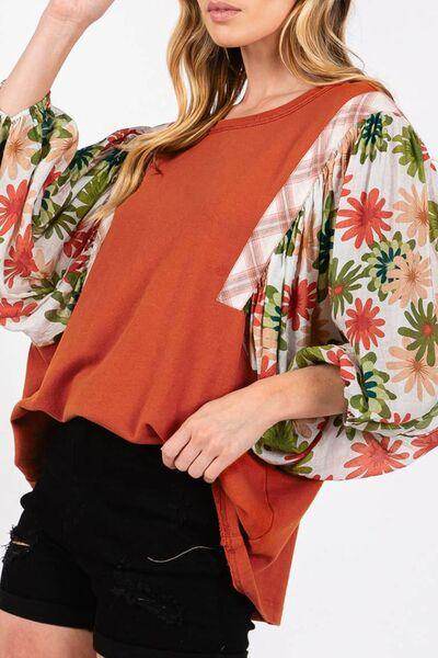 Printed Round Neck Balloon Sleeve Blouse for Women - Selvanelle