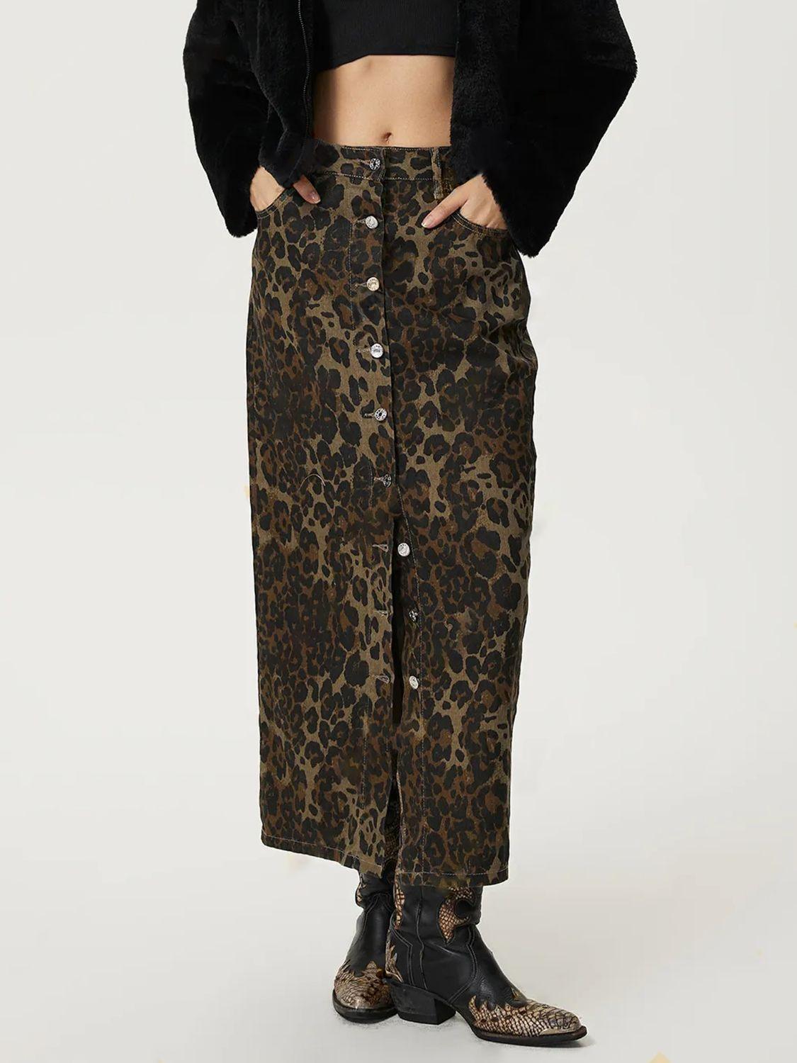 Leopard Button Up Denim Skirt with Pockets and Slit