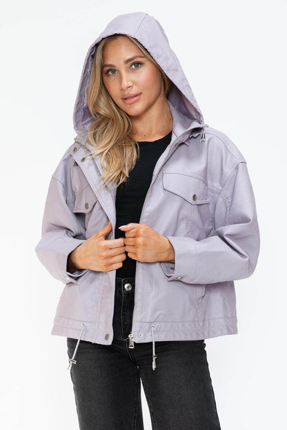 How Dare U Drawstring Hem PU Leather Zip Up Jacket Women - Selvanelle