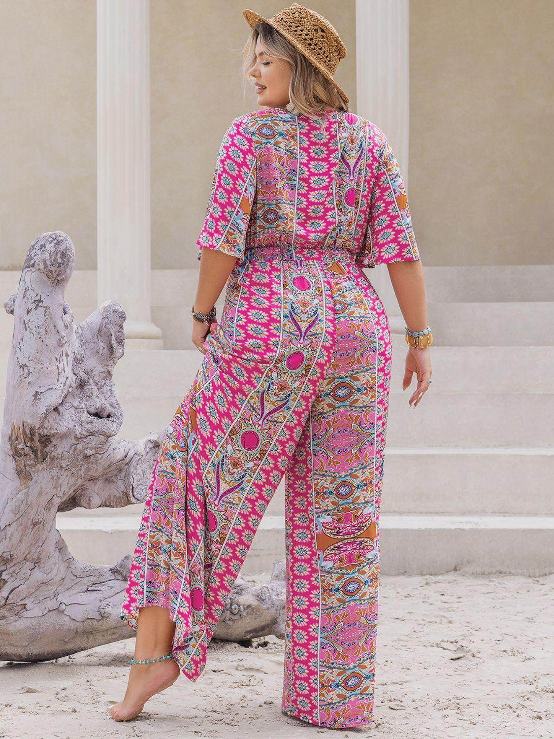 Plus Size Printed Half Sleeve Wide Leg Jumpsuit for Women - Selvanelle