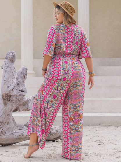 Plus Size Printed Half Sleeve Wide Leg Jumpsuit for Women - Selvanelle