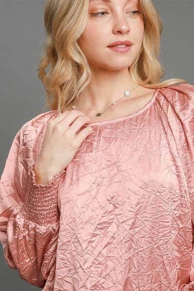 Umgee Wrinkled Round Neck Lantern Sleeve Blouse for Women - Selvanelle