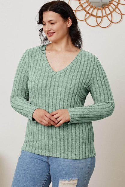 Basic Bae Full Size Ribbed V-Neck Long Sleeve T-Shirt - Selvanelle