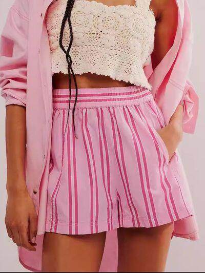 Striped Elastic Waist Shorts with Pockets for Comfort - Selvanelle