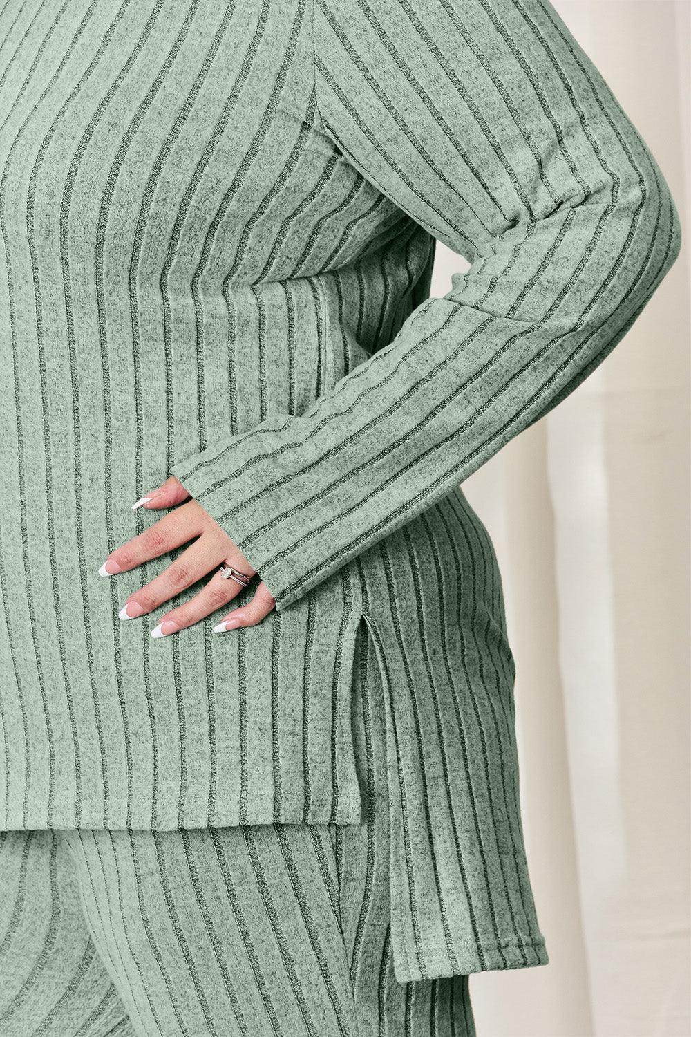Basic Bae Full Size Ribbed High-Low Top and Wide Leg Pants Set - Selvanelle