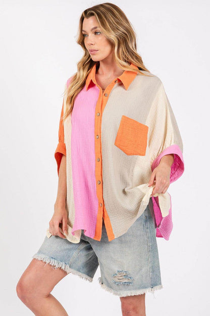 SAGE + FIG Full Size Color Block Button-Down Shirt for Women - Selvanelle