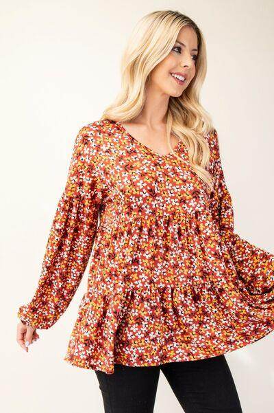 Celeste Full Size Floral V-Neck Balloon Sleeve Blouse Style - Selvanelle
