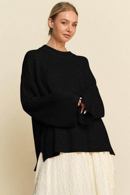 Davi & Dani High-Low Round Neck Drop Shoulder Sweater - Selvanelle