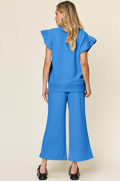 Double Take Texture Ruffle Short Sleeve Top and Pants Set - Selvanelle