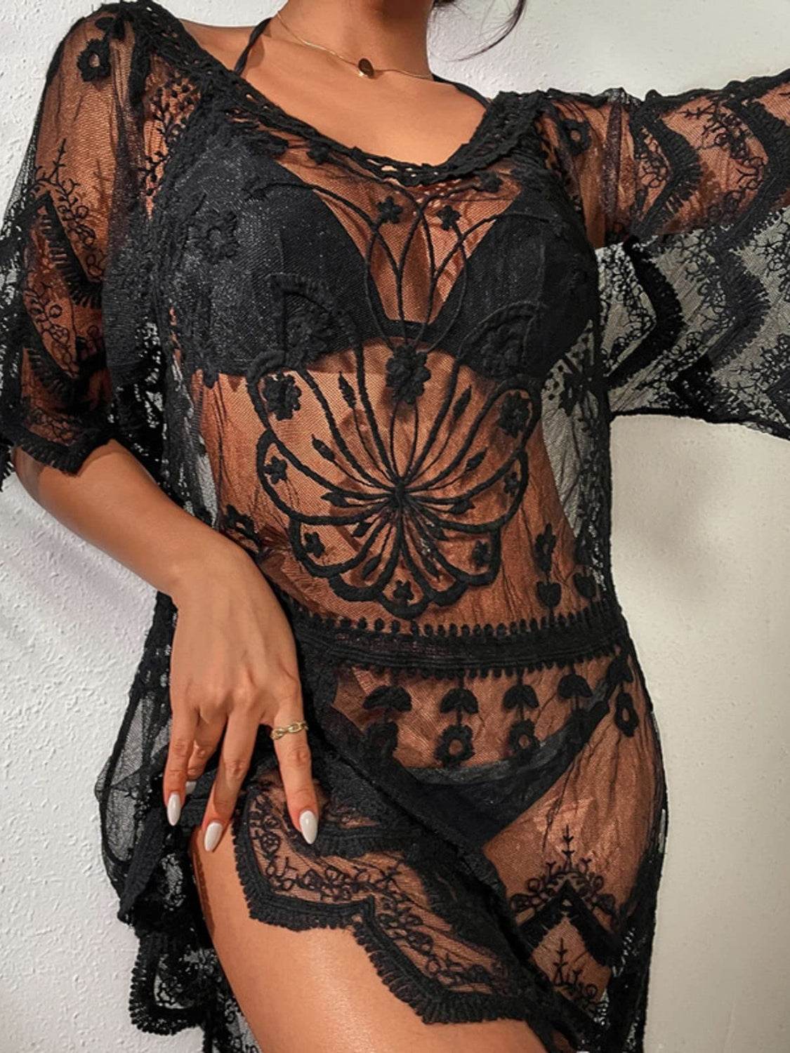 Lace Round Neck Half Sleeve Cover-Up - Selvanelle