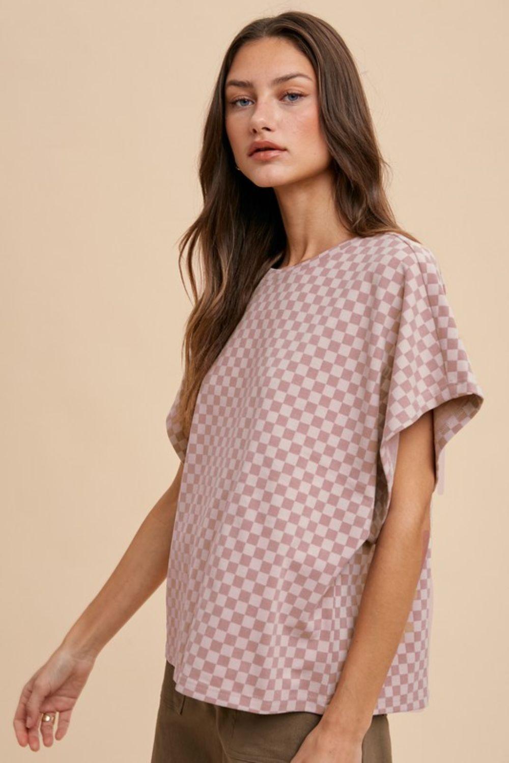 Annie Wear Checkered Round Neck Short Sleeve T-Shirt for Women