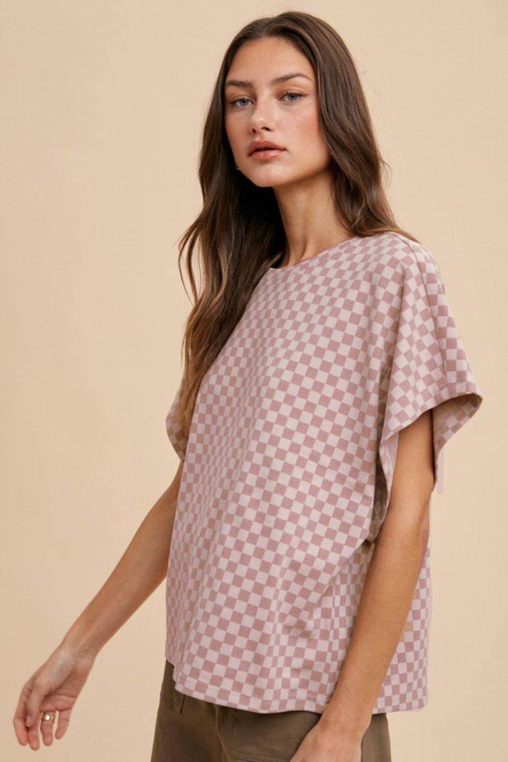 Annie Wear Checkered Round Neck Short Sleeve T-Shirt for Women - Selvanelle
